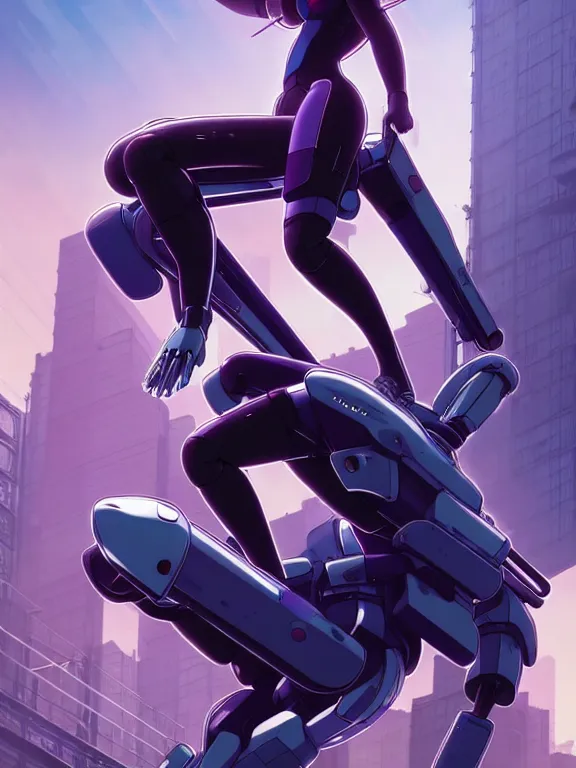 Image similar to a fullbody action still of motoko kusanagi riding on top of a tachikoma, the major ghost in the shell : : stand alone complex, under repairs, maintenance : : by ilya kuvshinov, rossdraws, artgerm, sola digital arts, anti aliasing, raytracing : :