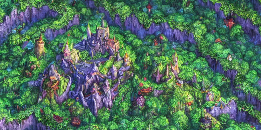 Prompt: infographic map of beautiful Hyperrealistic vine castle on top of a volcano in the middle of a dark scary jungle, smaller colorfull shacks surround, macro lens, shallow depth of field, highly detailed, digital painting, trending artstation, concept art, illustration, cinematic lighting, vibrant colors, photorealism, epic, octane render