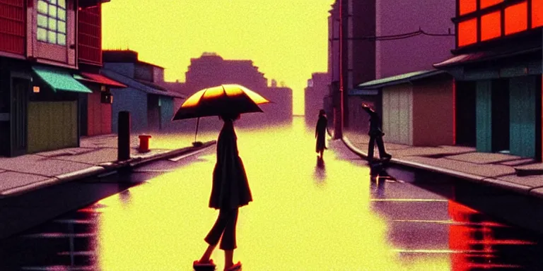 Prompt: an immaculate isometric cinematic keyframe matte painting of the silhouette of a young japanese girl standing in wide wet street 1 9 7 0 s vaporwave rust belt city at dusk with an oversized moon, just after the rain has cleared. by eric lafforgue, glennray tutor and edward hopper, greg rutkowski. trending on artstation.