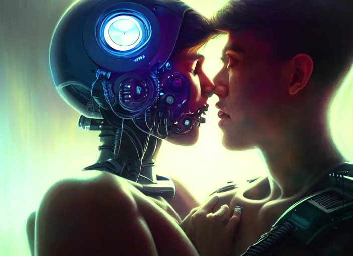 Prompt: ultra realistic medium shot of a couple of cyborgs kissing, lovers, cyberpunk, sci - fi, fantasy, kodak, colour led, soft light, volumetric lighting, fog, light rays, night, intricate, highly detailed, digital painting, concept art, smooth, sharp focus, illustration, art by artgerm and greg rutkowski and alphonse mucha