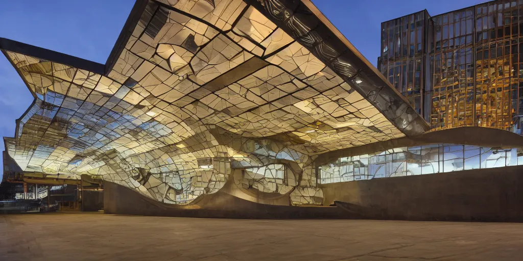 Prompt: wide angle photo of futurist building inspired by a fast 1 9 2 0 locomotive. industrial revolution. formed concrete with copper inlay. late evening with reflective pool and glowing lights. highly reflective and shiny. i. m. pei and frank loyde wright