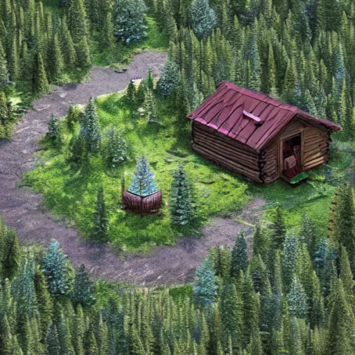 Image similar to concept art of a cabin in the woods, isometric view, detailed, volumetric lighting, unreal engine