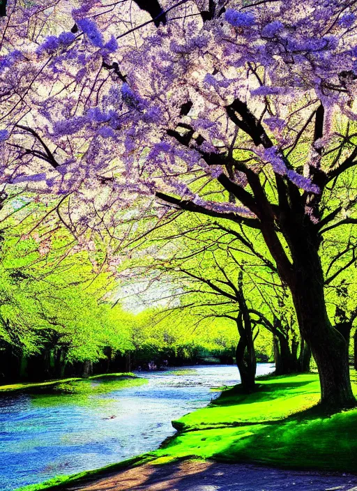 Prompt: beautiful spring season photography trees and river award winning cinematography