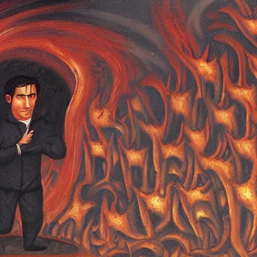 Prompt: nathan fielder walking around hell!!!!!!! dante's inferno!!! medieval painting, oil painting