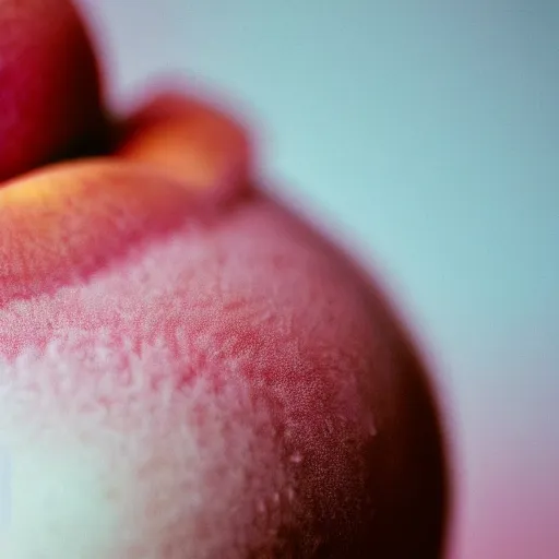 Image similar to a macro photo of a peach's hairy skin in shape of female bum, hyper realistic, hyper detailed, 35mm, very grainy film, pink volumetric studio lighting, bokeh, black background award winning shot, vogue magazine, cinematic, 8k, very closeup, elegant, tender, pastel