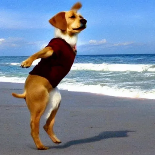 Image similar to a dog ballerina is drinking coca - cola on the beach