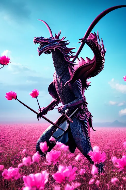 Image similar to illustration cinematic humanoid dragon yielding katana in a field of pink flowers, highly detailed digital art masterpiece, smooth vitaly bulgarov eric zener dramatic blue light, ground angle uhd 8 k, sharp focus