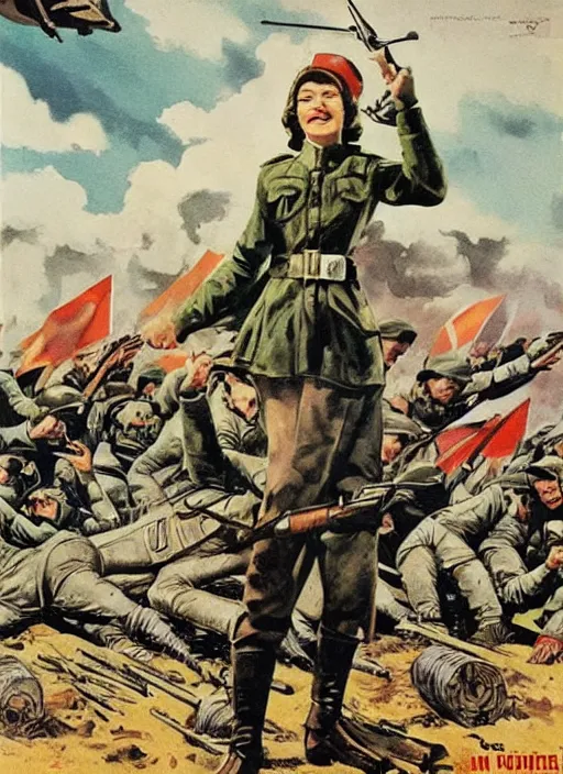 Prompt: beautiful female captain russia standing on a pile of defeated german soldiers. feminist captain russia wins wwii. soviet propaganda poster by james gurney