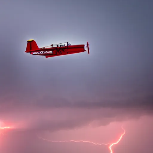 Image similar to Red biplane flying through a hurricane, lightning in the background.