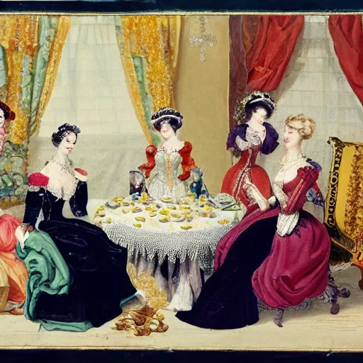 Image similar to a social gathering with major noblewomen wearing extravagant dresses, reclining on feather pillows, sipping tea and gossiping while eating lemon cakes.