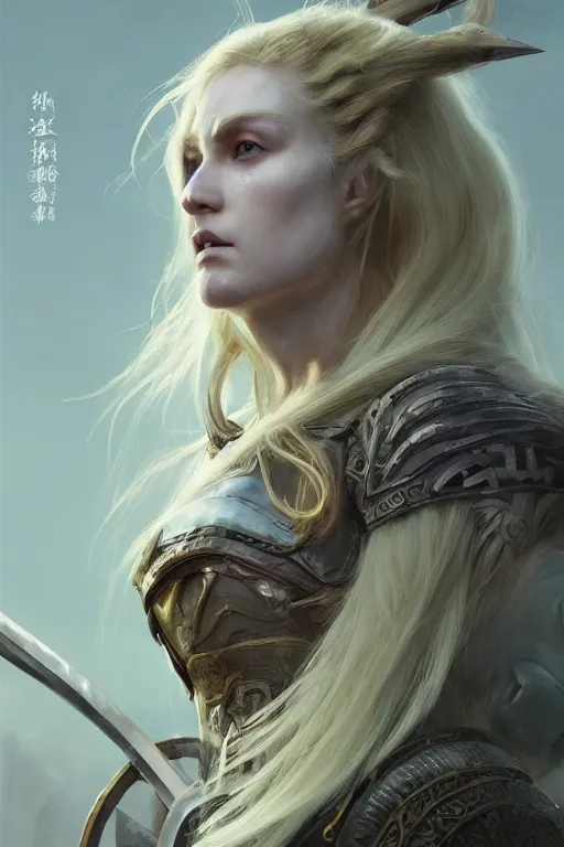 Image similar to ultra detailed powerful female viking, blond long hair, green eyes, axe, battle ready, sharp bone structure, extremely detailed digital painting, in the style of fenghua zhong and ruan jia and jeremy lipking and peter mohrbacher, mystical colors, rim light, beautiful lighting, 8 k, stunning scene, raytracing, octane, trending on artstation