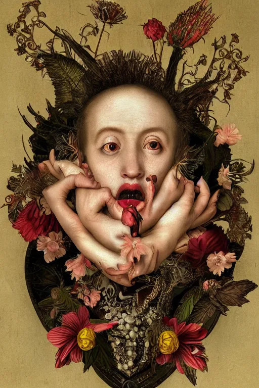 Prompt: Detailed maximalist portrait with large lips and large eyes, exasperated expression with an existential dread of love, botanical, extra hands, HD mixed media, 3D collage, highly detailed and intricate, surreal illustration in the style of Caravaggio, dark art, baroque