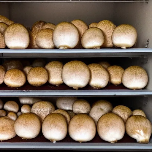 Prompt: realistic photo of golden teacher mushrooms growing inside a closet