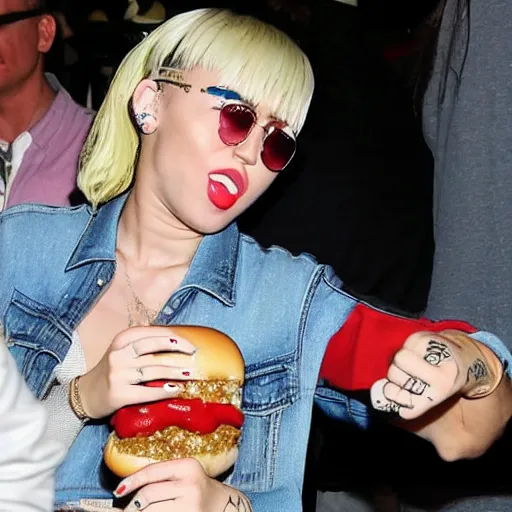 Prompt: Miley Cyrus eating a hotdog