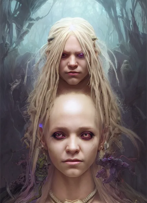 Prompt: fantasy changeling girl with blonde dreadlocks revealing her true nature, staring eyes, dim light, front game card, marvel comics, dark, intricate, highly detailed, smooth, smirking, artstation, digital illustration by ruan jia and mandy jurgens and artgerm and wayne barlowe and greg rutkowski and zdislav beksinski