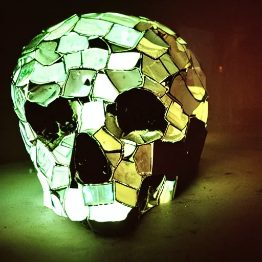 Image similar to a skull made out of broken mirrors, reflecting light in a nightclub, grainy film still