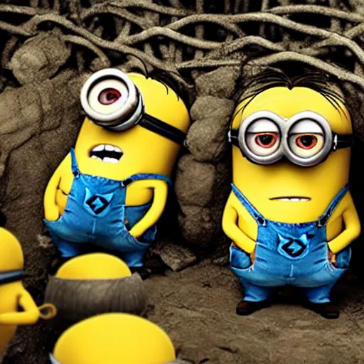 Minions suffering from shell shock in the world war 2, Stable Diffusion