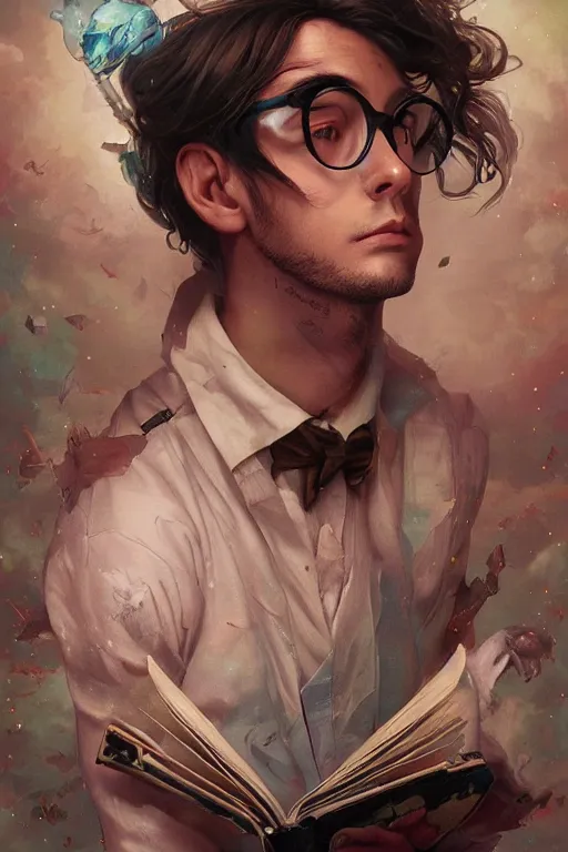 Image similar to magic nerdy guy reading a book in a cluttered messy bedroom, artgerm, tom bagshaw, gerald brom, vaporwave, vaporwave colors, perfect face, detailed face, symmetrical face,