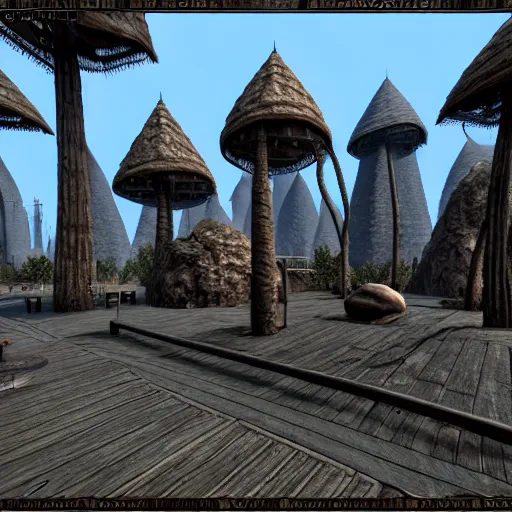 Image similar to vacation photos from morrowind. hyperrealism by ansel adams 8 k resolution texture graphics mods 1 2 0 fps interior of megacity