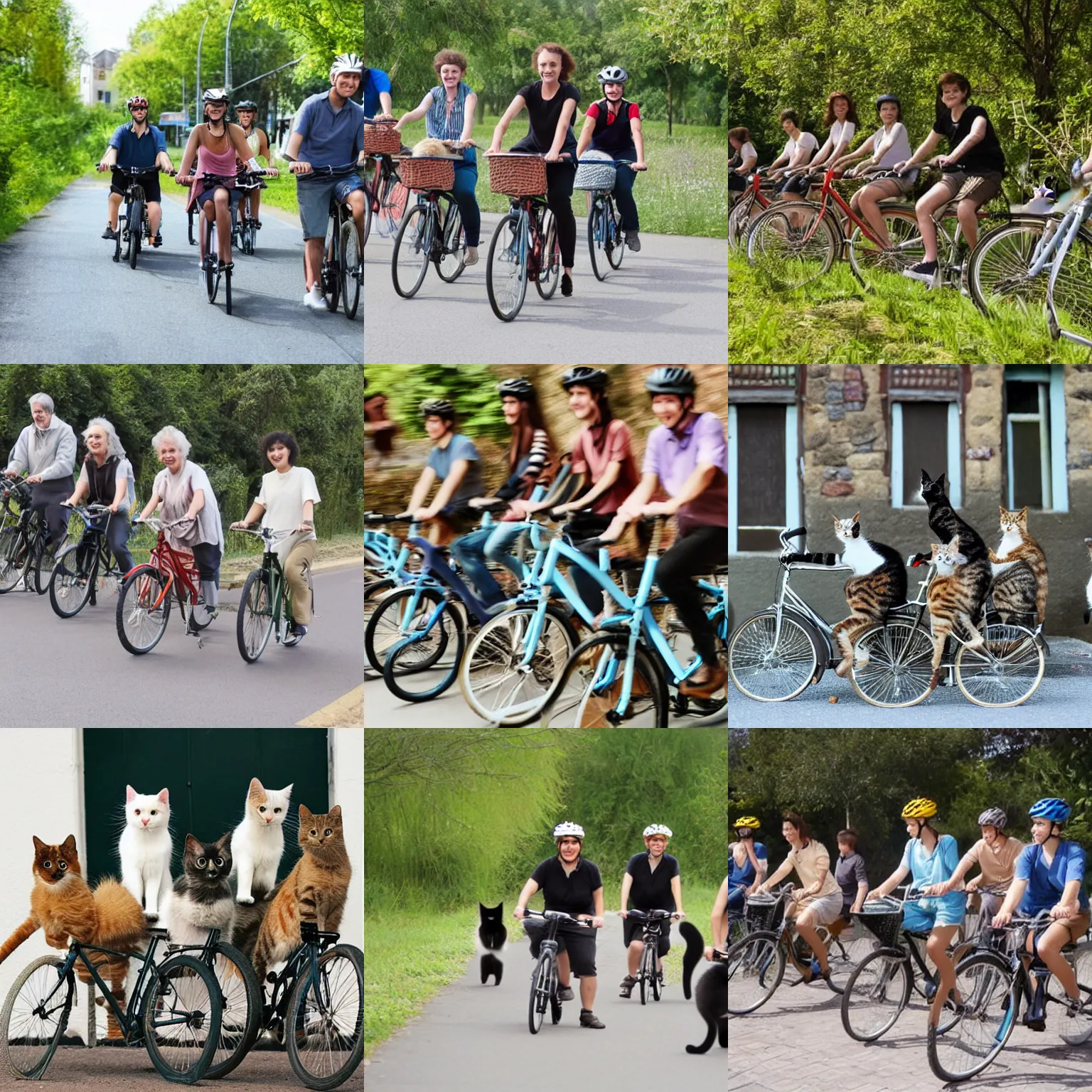 Prompt: group of cats riding bicycles