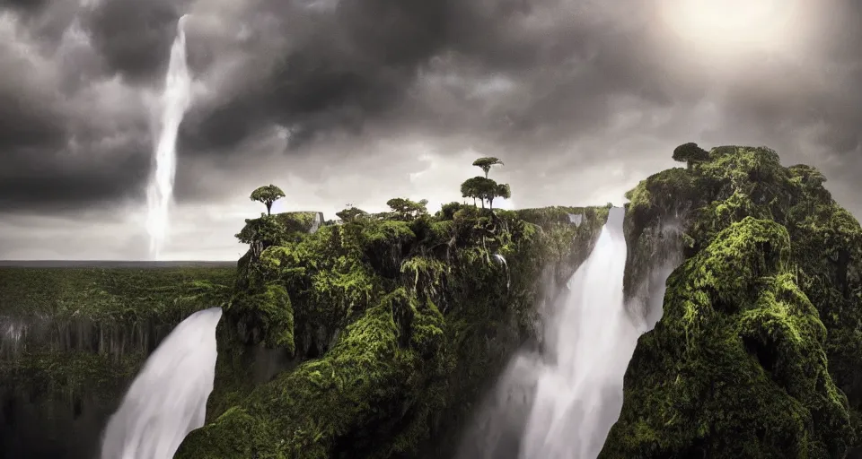 Image similar to A magnificent floating island in the sky above the sea, defying gravity, floating and flying island, waterfall falling down, epic lighting, epic composition, highly detailed