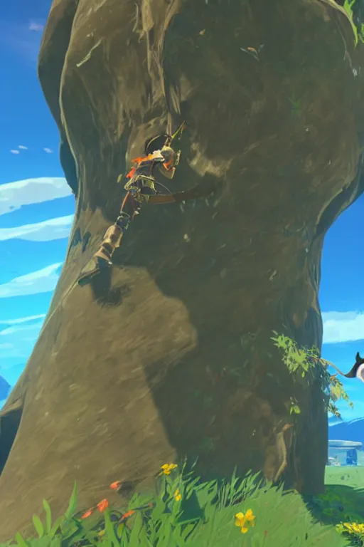 Prompt: in game footage of a penguin from the legend of zelda breath of the wild climbing q tree, breath of the wild art style.