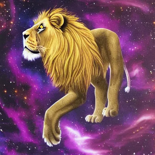 Prompt: a purple lion in space