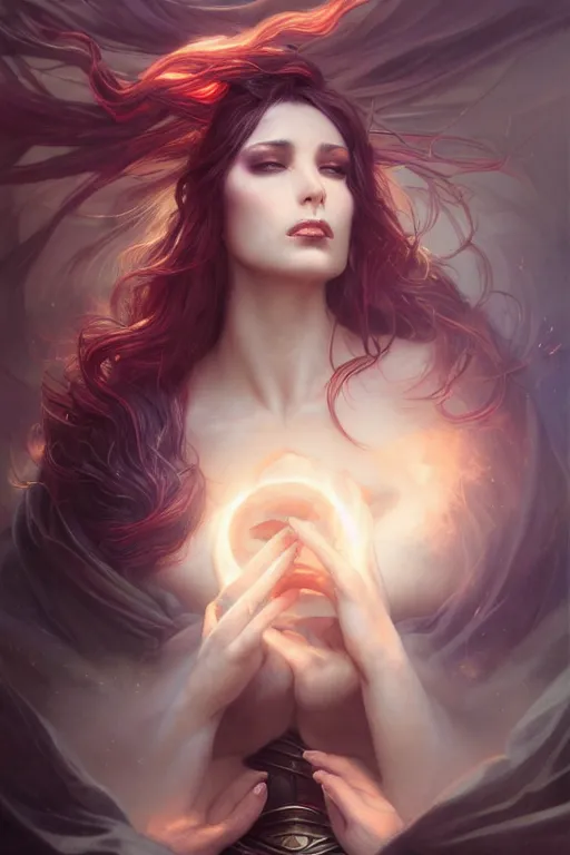 Image similar to seductive looking sorceress prays!!! magic the gathering, windy hair!, surreal dark fantasy, cinematic volumetric lights, portrait, dnd, intricate, elegant, highly detailed, digital painting, artstation, concept art, smooth, sharp focus, illustration, art by artgerm and tom bagshaw and greg rutkowski and alphonse mucha