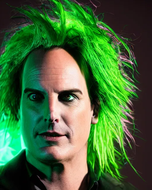 Image similar to Will Arnett as Beetlejuice, green hair, cinematic lighting, 4k portrait photograph