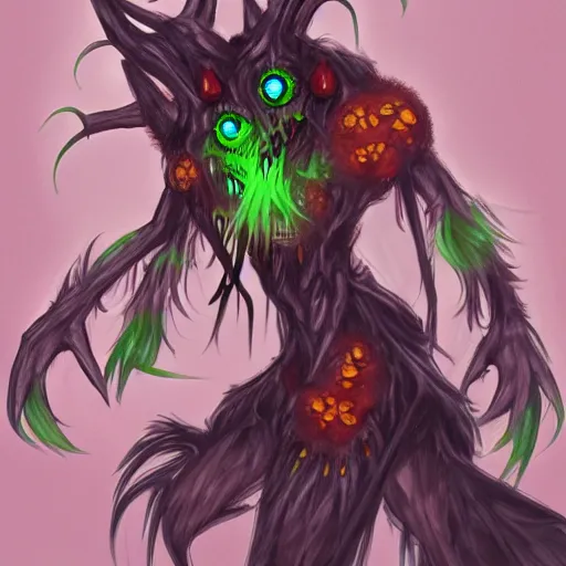 Prompt: A plant demon with amber eyes, menacing smile, voracious, trending on art station