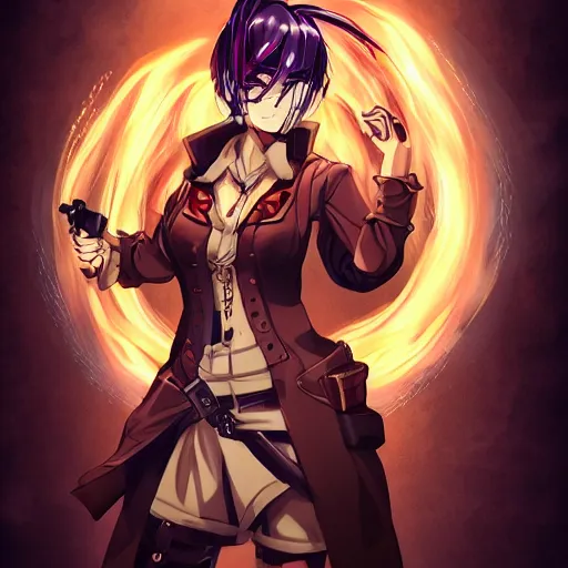 Image similar to steampunk beautiful anime woman, red shirt brown pants, black and blue hair, symmetrical face, symmetrical eyes, action scene, shooting fire war, detailed, summer setting, cinematic lighting