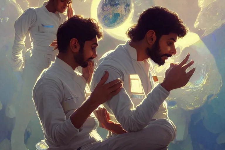 Image similar to Sensual good looking pale young Indian doctors wearing jeans in a space station above Earth, portrait, elegant, intricate, digital painting, artstation, concept art, smooth, sharp focus, illustration, art by artgerm and greg rutkowski and alphonse mucha