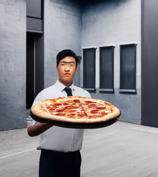 Image similar to suspicious pizza delivelery asian guy, dark building, deliver uniform, the place of the shooting, real life photo, 4 k, cyberpunk style, highly detailed, focus on face