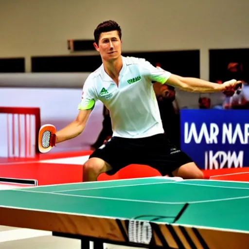 Image similar to Robert Lewandowski playing table tennis on a tournament, high quality news photography