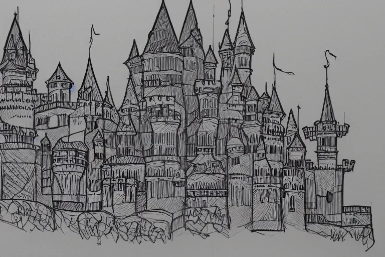 Image similar to single line sketch of elaborate intricate castle, scribble sketch, small details,