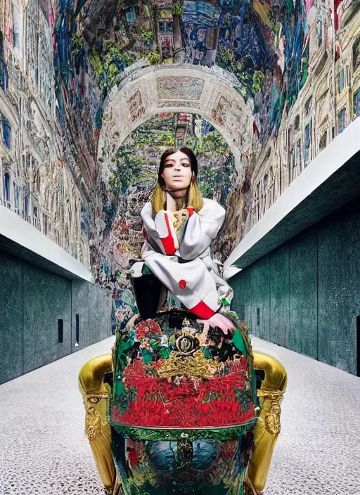 Image similar to a beautiful girl in a gucci x yeezy collab outfit is creating a new city, mini magic city, hidden doors, magical details, high detail, 8 k, perfect faces, photographed by maurizio cattelan and pierpaolo ferrari with the art direction of micol talso for toiletpaper creative magazine