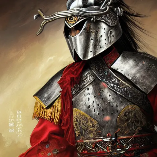 Prompt: portrait of a wuxia warrior in detailed ceremonial armour. digital art. high detail. sharp focus. high resolution. by a. j. manzanedo