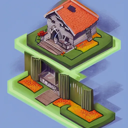 Image similar to a beautiful illustration of an isometric stylized house, by rutkowski, featured on artstation