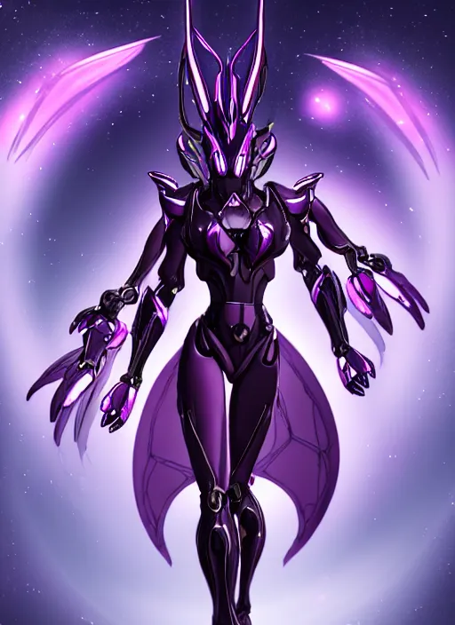 Image similar to cinematic close shot, galactic sized goddess, proportional stunning beautiful hot female warframe, sleek mecha female dragon head, metal ears, led purple eyes, smooth fuschia skin, smooth silver armor, floating in space, holding a galaxy, epic proportions, epic size, epic scale, furry art, dragon art, giantess art, warframe fanart, furaffinity, octane