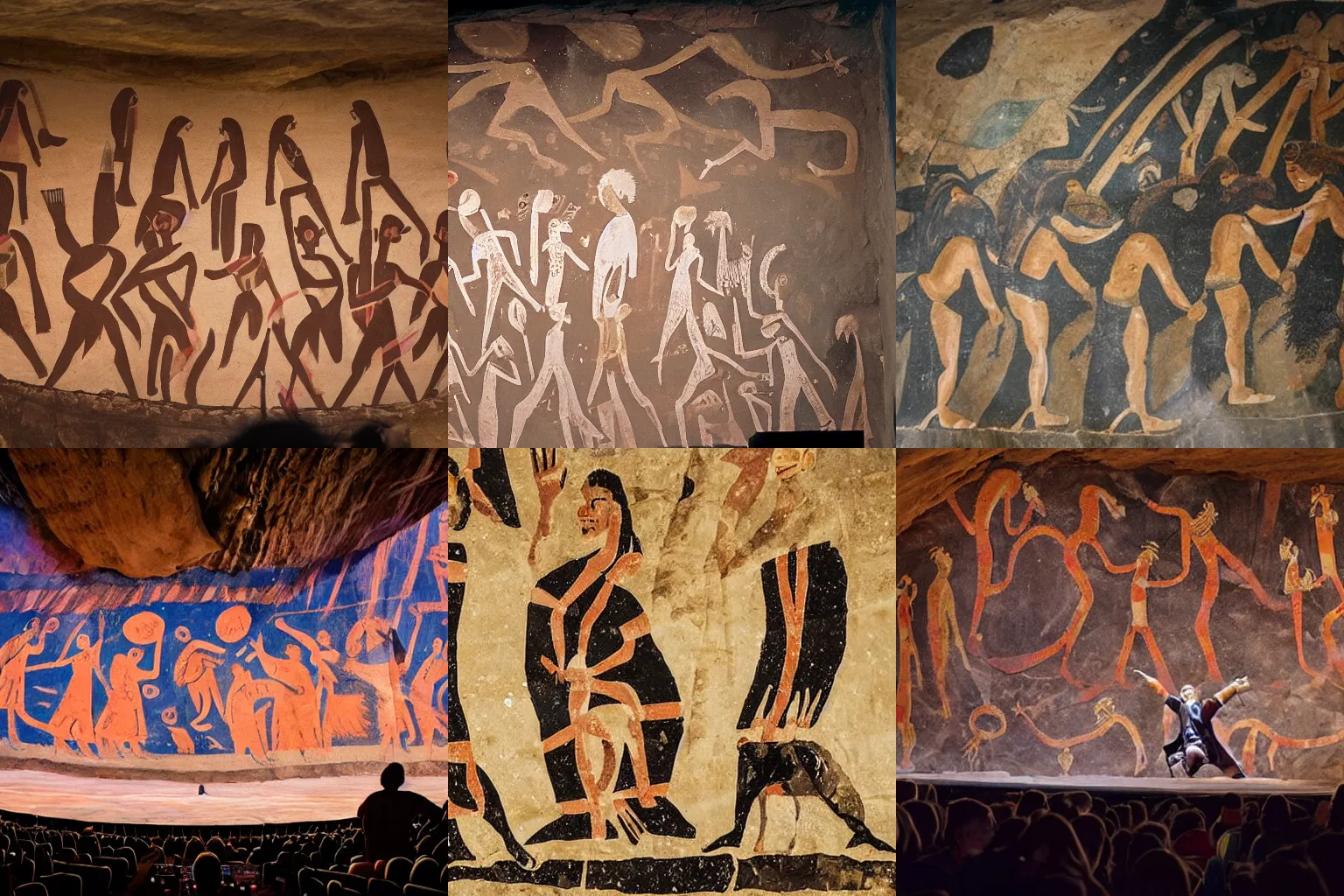 Prompt: A Eurovision stage performance, depicted on a prehistoric cave wall painting, documentary photograph