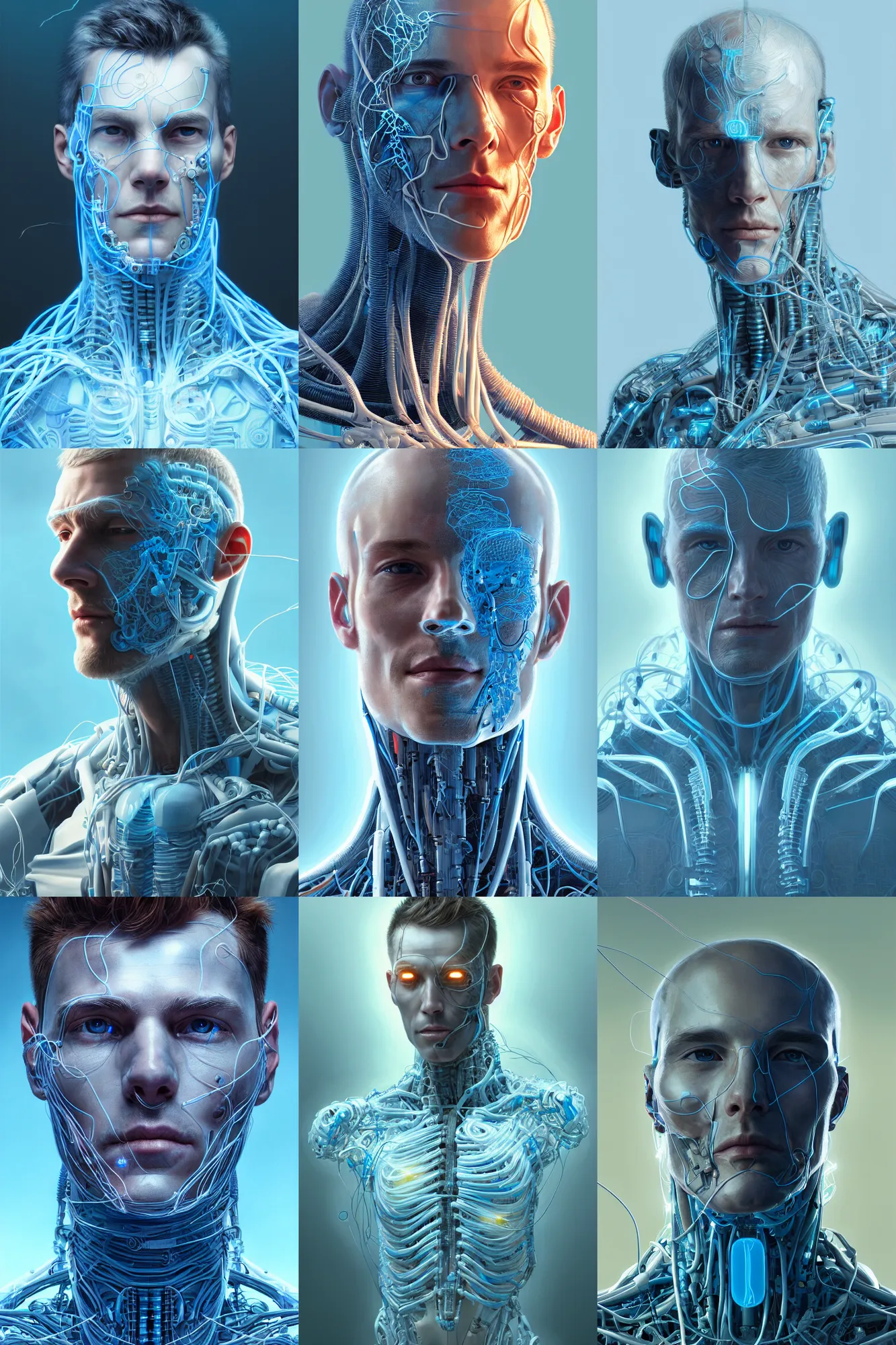 Prompt: Portrait of an organic cyborg man. young. handsome. cable wires. synthetic skin. intricate. soft blue diffuse lighting. scifi. highly detailed. semi-realistic. digital painting by Sung Choi and Sebastian Bąkała and Furio Tedeschi