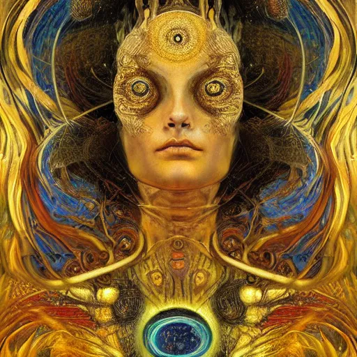 Image similar to Divine Chaos Engine by Karol Bak, Jean Deville, Gustav Klimt, and Vincent Van Gogh, beautiful visionary mystical portrait, sacred, otherworldly, fractal structures, Surreality, ornate gilded medieval icon, third eye, spirals