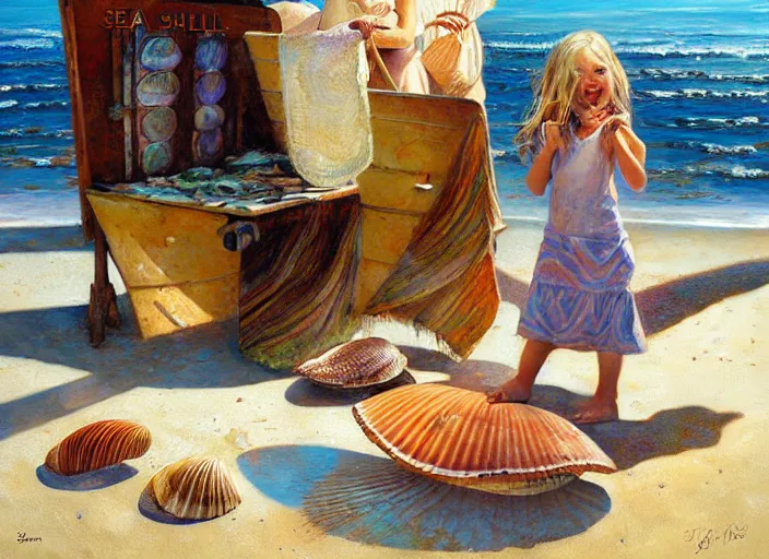 Image similar to she sells sea shells by the sea shore; painting by Jon foster.