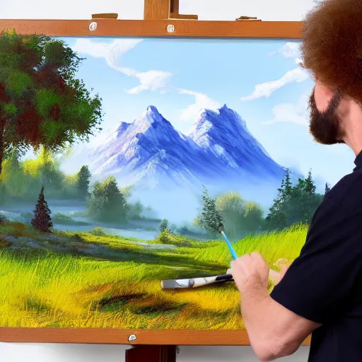 Image similar to a closeup photorealistic photograph of bob ross working on a canvas painting of mickey mouse. film still. brightly lit scene. mountains and trees. this 4 k hd image is trending on artstation, featured on behance, well - rendered, extra crisp, features intricate detail, epic composition and the style of unreal engine.