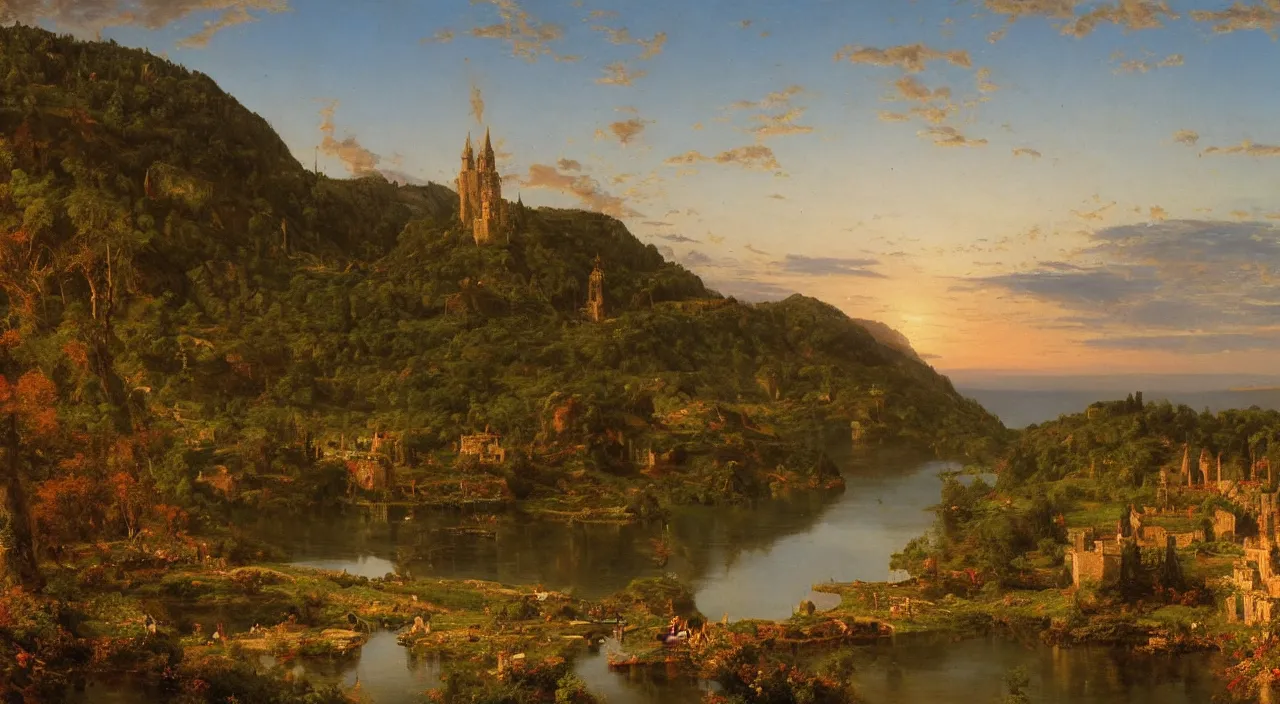 Prompt: a medieval city on the edge of a lake..Landscapes.by Frederic Edwin Church.oil on canvas.4k