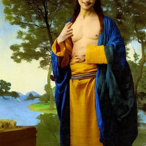 Image similar to A beautiful young Asian man with long shiny hair and big green eyes in a beautiful traditional silk robe standing in a beautiful garden watching a big dolphin that is jumping from the lake, he is a prince and a serious person but is smiling, by Johannes Vermeer, Frank Frazetta and William Adolphe Bouguereau, fantasy, trending on artstation, amazing details, mtg, digital painting, concept art