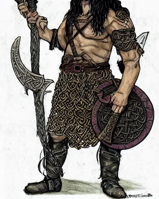 Image similar to full body character design reference art of Eoghaill of the Murine Hordes, a La Tene Culture Celtic chieftain and warrior, resplendent and proud of bearing, long black hair, hirstute and muscled, wielding a Celtic longsword. Has a rat familiar. high quality, high detail, realistic historical gouache illustration, in the style of: Angus McBride, Rebecca Guay, and Michael William Kaluta.