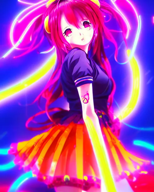 Image similar to anime style, vivid, expressive, full body, 4 k, painting, a cute magical girl idol with a long wavy colorful hair wearing a colorful dress, correct proportions, stunning, realistic light and shadow effects, neon lights, studio ghibly makoto shinkai yuji yamaguchi, wlop