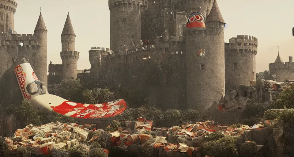 Prompt: A GIANT HUGE campbell soup can crashed right in the middle of a Medieval city, Soup can crashed into a castle rendered by Beeple, environment concept, digital art, unreal engine, 3 point perspective, trending on artstation, low level, 4K UHD image, octane render,