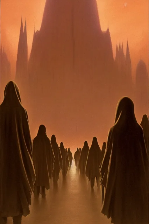 Prompt: emissary a line of people in hooded outfits holding lights walking into a large city on the planet dathomir by arthur haas and bruce pennington and john schoenherr, cinematic matte painting, 8 k, dark color palate